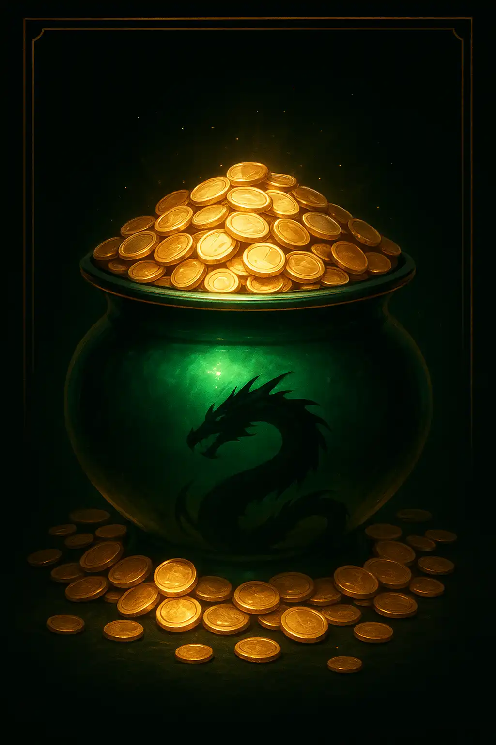 Dragon Pots Casino hero illustration of a treasure pot glowing with emerald and gold coins