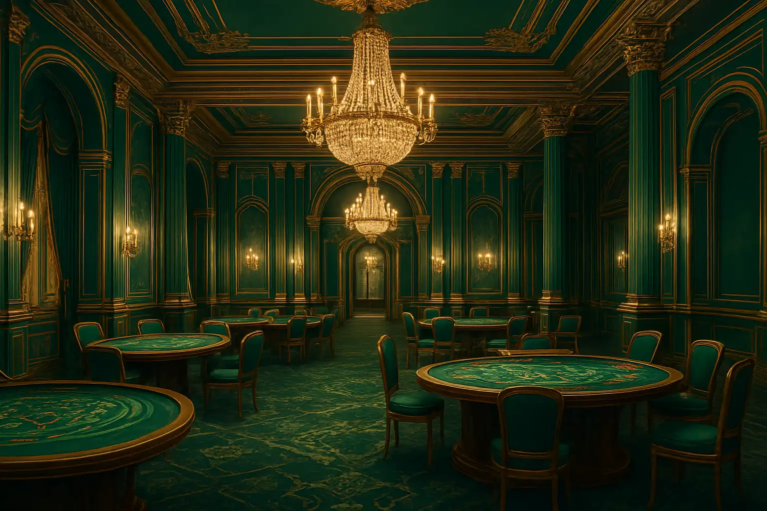 An emerald and champagne themed casino hall representing the Dragon Pots brand