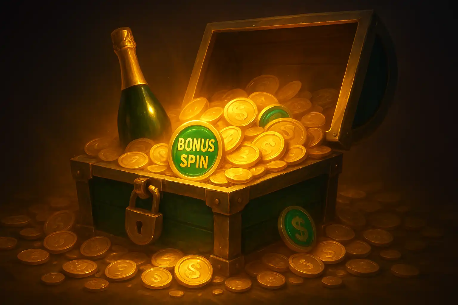 A champagne and emerald treasure chest overflowing with bonus coins and free spin tokens